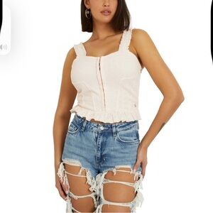 Guess Sangallo Carmen Eyelet Top Women Pink Ruffle Trim Sweetheart Neck Size L